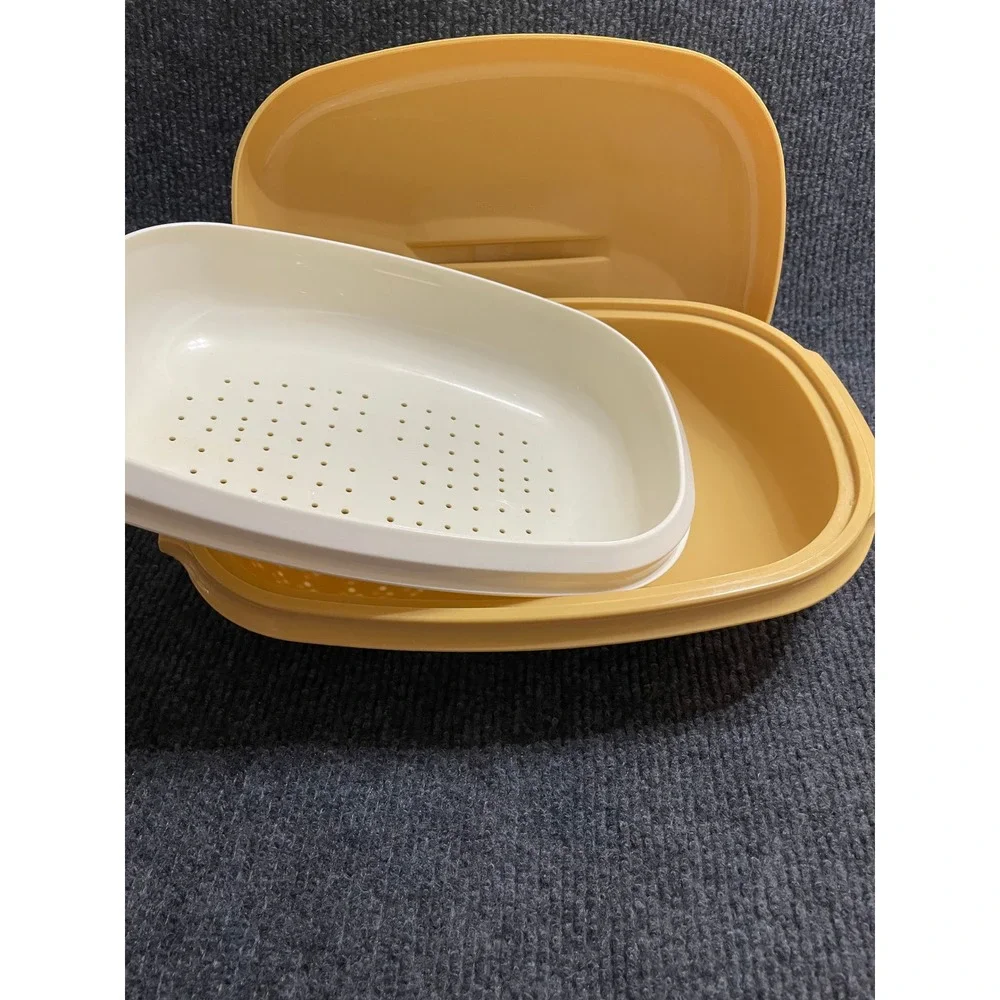 Vintage Tupperware Microwave Steamer Harvest Gold 3 Piece Set 1273 1274 1275 USA
